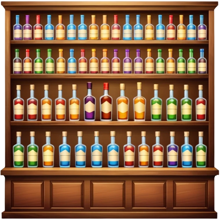 A wooden bar counter with rows of colorful liquor bottles lined up behind.
 emoji