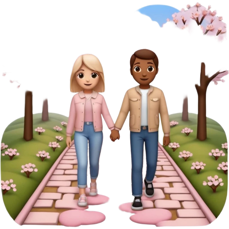 3D emoji-style of two roads merging into one 💞, with cherry blossoms 🌸, floating hearts 💕, soft sunset sky 🌅, and a couple walking hand-in-hand 👩‍❤️‍👨. Romantic and aesthetic vibe emoji