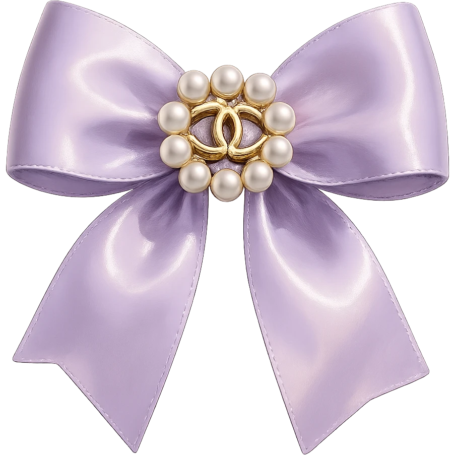 Remove the background, keep only the elegant bow with pearls and gold Chanel logo, glossy, pastel colors, realistic style, with no background. purple emoji