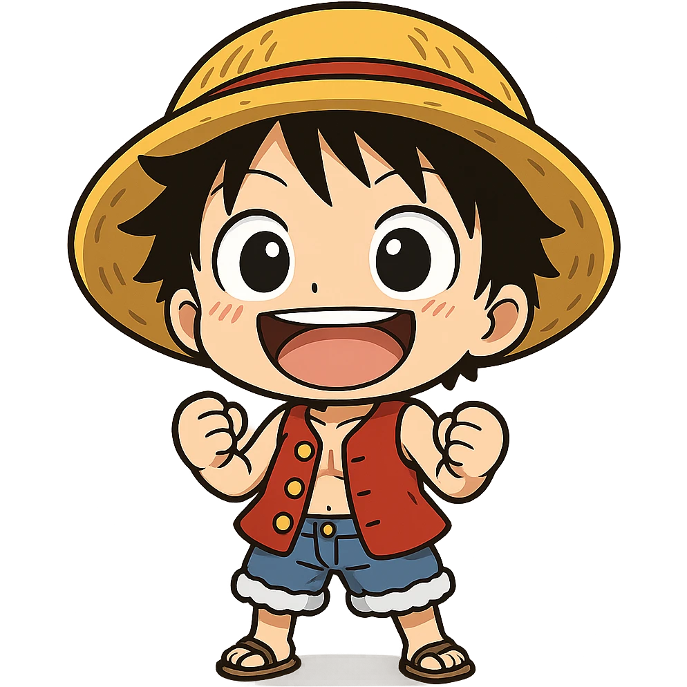 chibi Luffy with straw hat, big eyes, and red vest, looking excited, chibi style, cute character emoji
