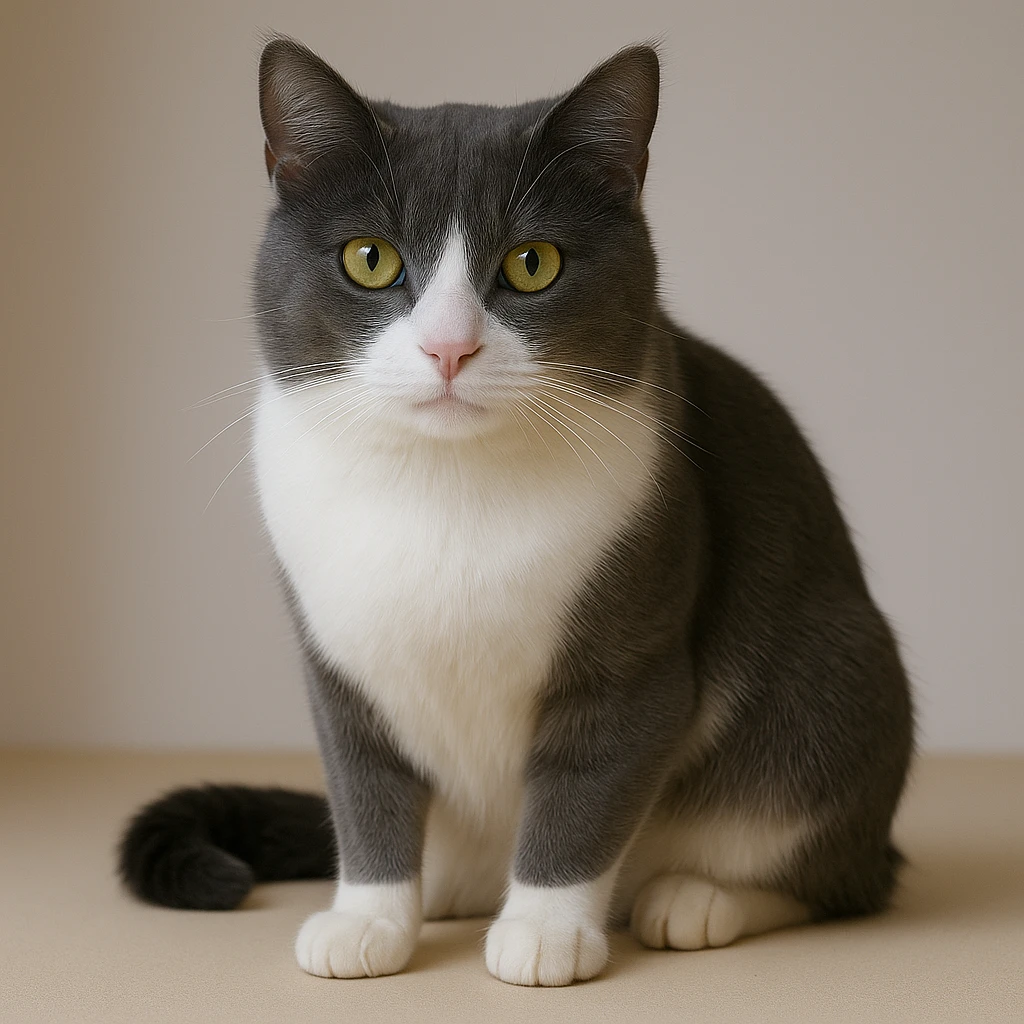 Remove about 40% of the cat's hair to make it less fluffy. Keep the fur only gray on top with no stripes, white nose and underbelly. Realistic style with lifelike details. emoji