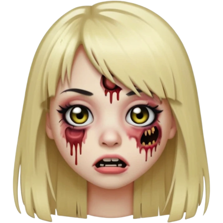 zombie girl emoji with long straight blonde hair and bangs, big eyelashes, eyeliner, light blush, mouth piercing, ear piercing emoji