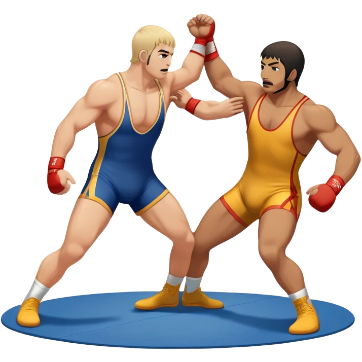 An icon showcasing two wrestlers engaged in a dynamic free wrestling match. The athletes are in mid-action, one attempting a takedown while the other defends. The background features a wrestling mat, and the fighters wear traditional singlets. Transparent background  emoji