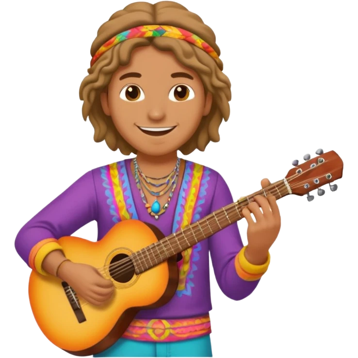 Smiling hippy playing guitar with colorful clothes.



























 emoji