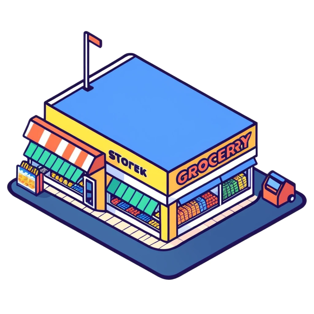 Isometric grocery store with shoppers, food shelves, and checkout area emoji