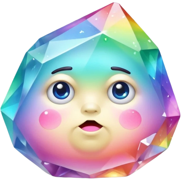 A single pastel rainbow crystal rock character, chubby and heavy with a chunky, irregular polygon shape,covered in faceted crystal planes and small chips, big glossy rainbow eyes  emoji