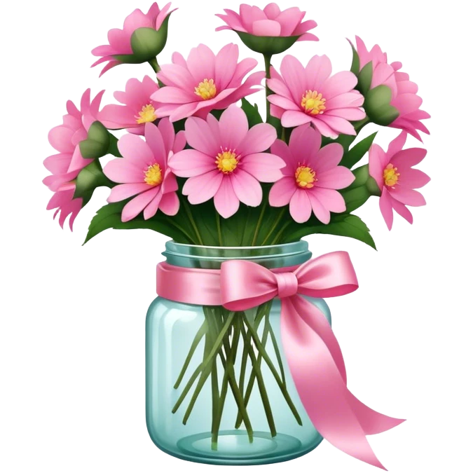 "A glass jar filled with a bouquet of blooming pink flowers, tied with a satin ribbon, romantic vintage style."
 emoji