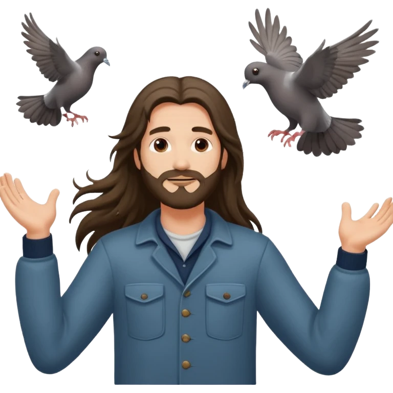 long haired man open arms looking at a flying pigeon emoji