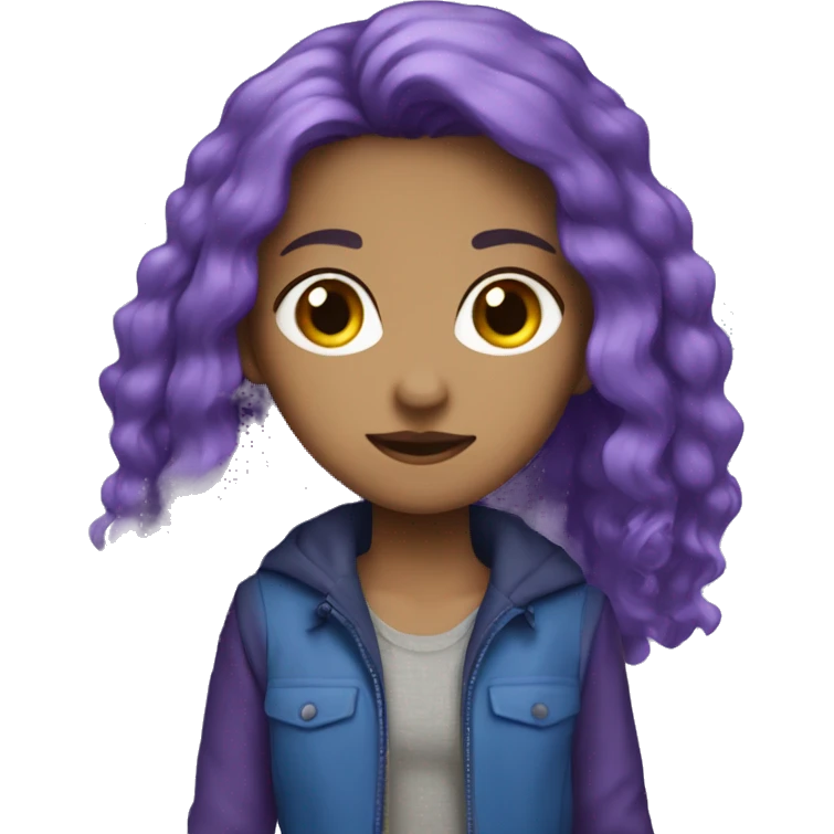 a girl with a purple long hair and purple jacket and blue hort jens emoji
