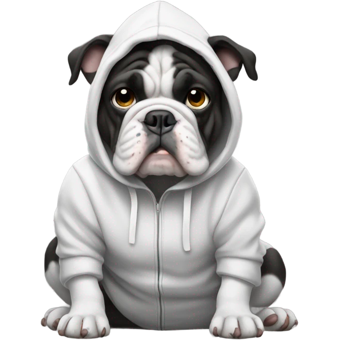Black and white bulldog in a hoodie emoji