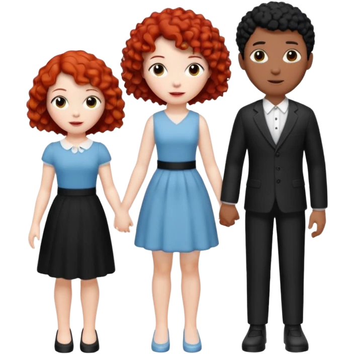 crie uma figurinha com uma família de três uma mulher branca de cabelo  cacheado curto vermelho um homem branco de cabelos preto e uma menina branca de cabelos cacheados preto emoji