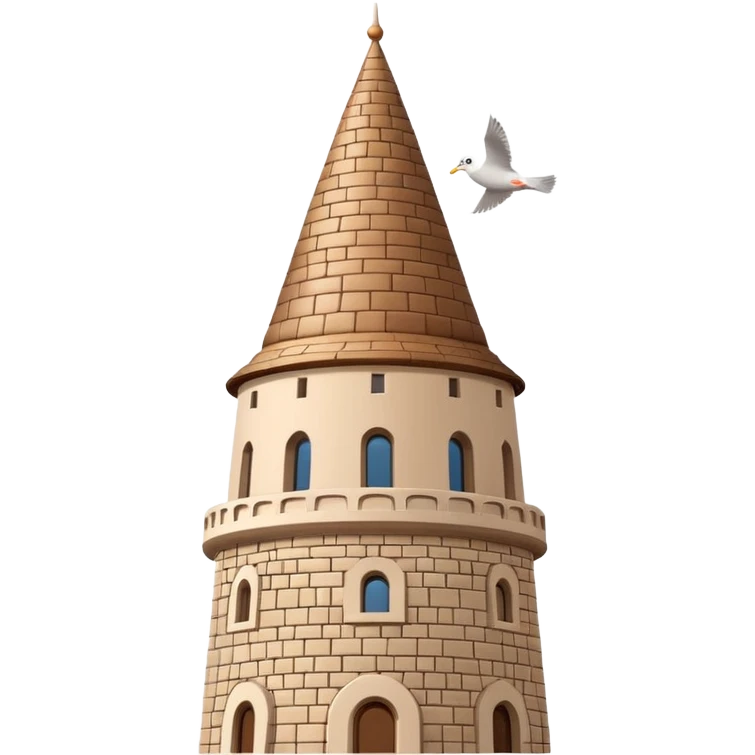Minimalist smartphone emoji icon of Galata Tower Istanbul. Distinctive conical brown cap, stone texture, small windows. Light blue background, small seagull. Simplified building style. emoji