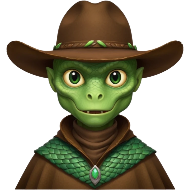 Portrait of a reptilian alien cowboy with textured scales, slit pupils, sharp jawline, dark brown cowboy hat, leather poncho, intense gaze, warm desert lighting, hyper realistic, shallow depth of field, cinematic western atmosphere
 emoji