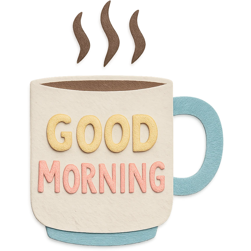 coffee cup with 'Good Morning' pastel handwritten text, transparent background emoji