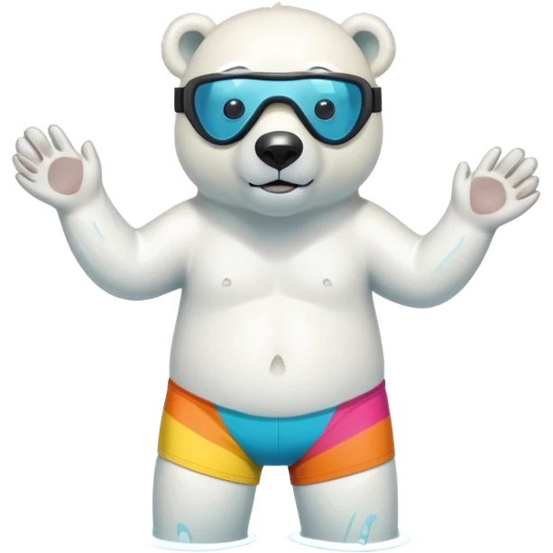 friendly anthropomorphised polar bear standing in a small puddle, wearing colorful board shorts, swimming armbands, scuba mask over eyes emoji