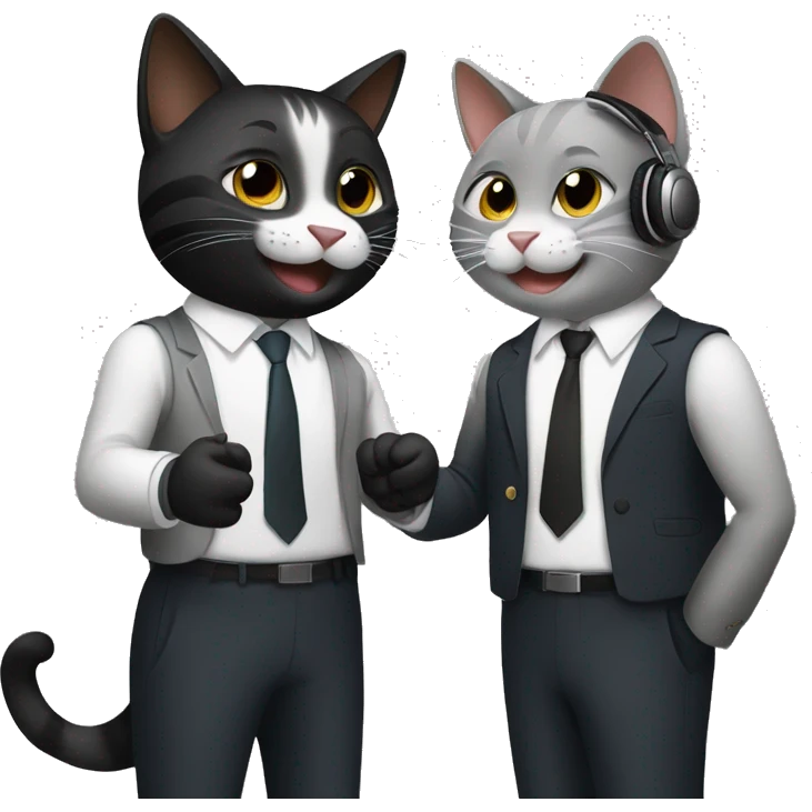 Two dark colored, happy cats, shaking hands in suits with headphones on.   emoji