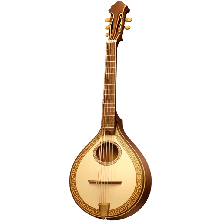 Bouzouki – Cinematic Realistic Bouzouki, depicted as a beautifully crafted Greek string instrument with a long neck and ornate fretwork, its polished wooden body reflecting warm golden light, set on a rustic background with soft shadows that evoke traditional Mediterranean music. emoji