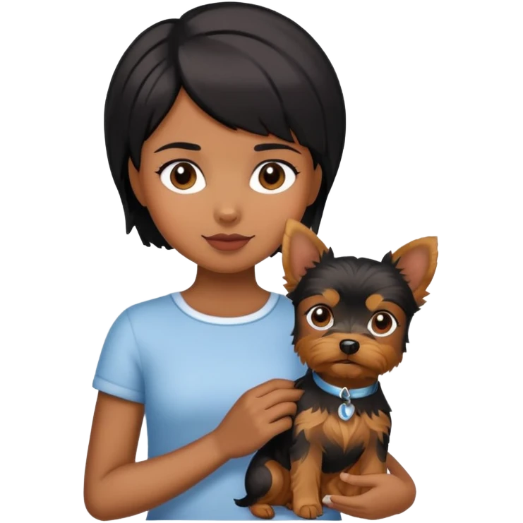 A black short-haired girl holding a Yorkshire Terrier emoji