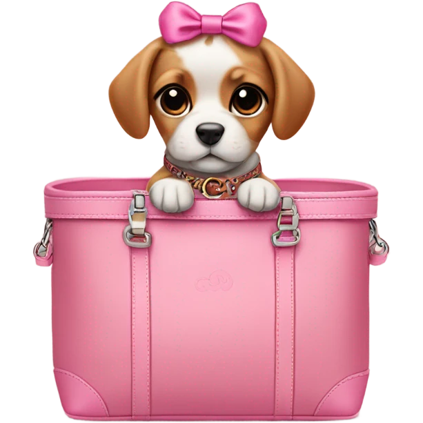 Cute puppy with pink bow on head in Gucci carrier  emoji