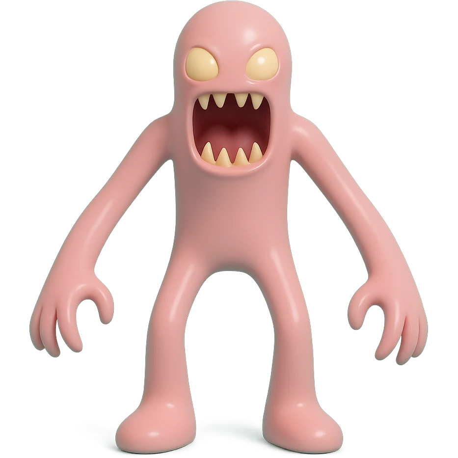 terrifying monster with elongated limbs, gaping mouth with sharp fangs, glowing eyes, shadowy body, toy-like vinyl figure emoji