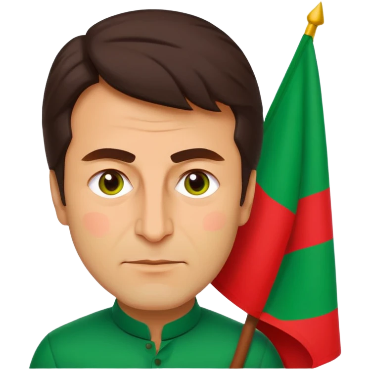 Imran Khan, emoji-style portrait:
- ⚡ recognizable face
- 🎯 holding green‑and‑red PTI flag
- Bold lines, flat vibrant colors
- Square 512×512 px, transparent background
- Expression: determined, charismatic, proud
- Minimal, clean style emoji