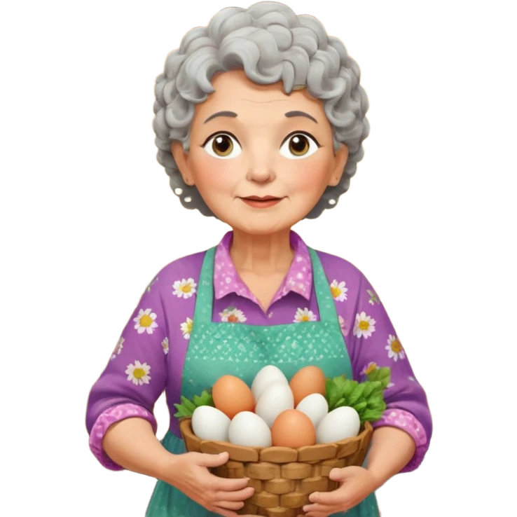 elderly rural woman, chubby and kind, short curly gray hair, floral blouse, colorful apron, holding basket of farm produce eggs garlic herbs, soft pastel colors, large expressive eyes, rural Chilean kitchen with wooden elements and clay pots, warm lighting, highly detailed clean vector style emoji