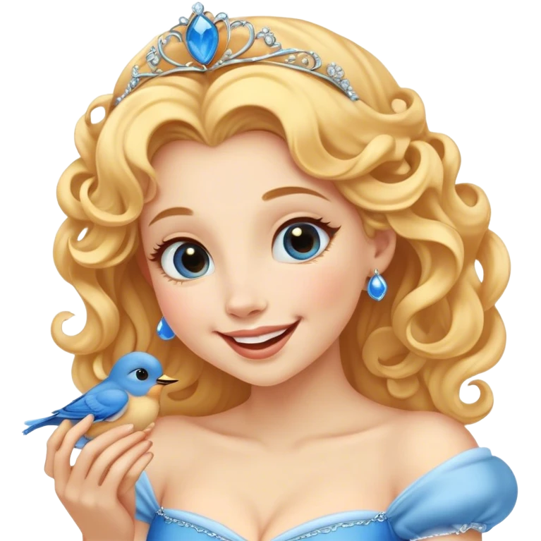 Cinematic Adorable Cinderella Portrait Emoji, Giggling softly while holding a tiny bluebird, golden curls bouncing, eyes sparkling with joy, wrapped in a soft golden glow, exuding warmth and charm, an irresistible blend of beauty and playfulness! emoji