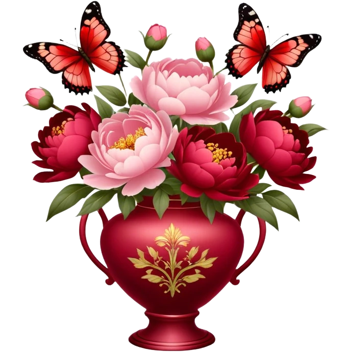 Delicate butterfly with Ruby and Wine Red wings perched on a Fiery Red bouquet of Peonies in an elegant Pastel Rose vase, bathed in warm, soft lighting. emoji