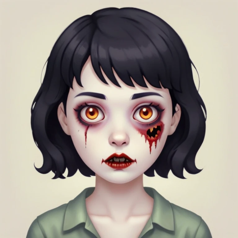 woman with short bangs, short black wavy hair, zombie emoji