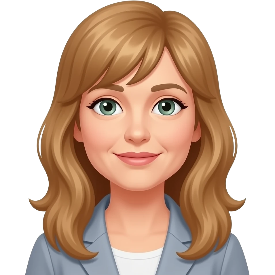 50 year old woman with long golden brown hair and side bangs and grey-green eyes emoji