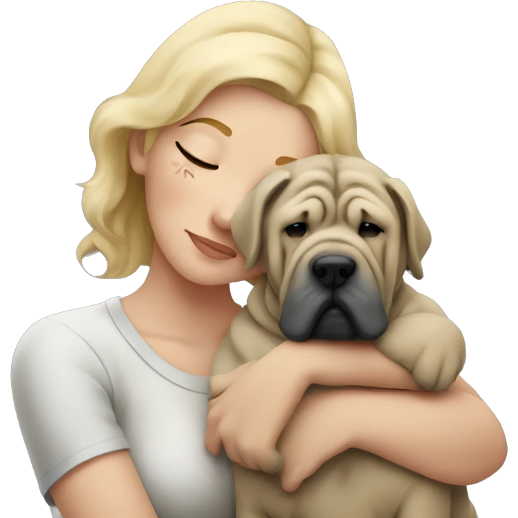 Sad blonde woman cuddling grey Shar Pei  emoji