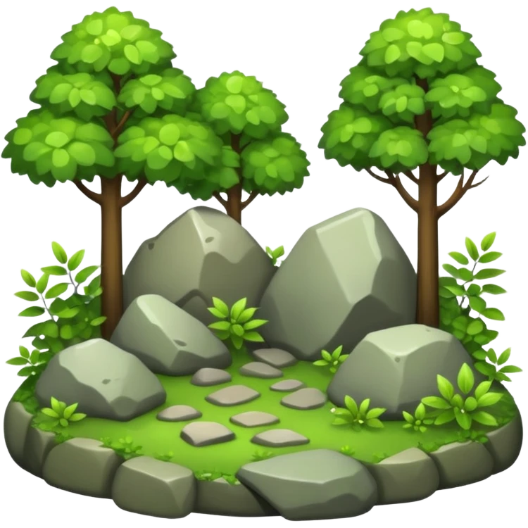 A bright forest clearing with layered bushes and scattered rocks. emoji