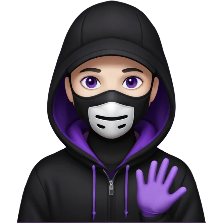 no visible face cartoon blacked character related to a shadow, with all black clothes, focusing a hoodie with his cap on, and a black facemask, just his purple shadow eyes making a light bloom emoji