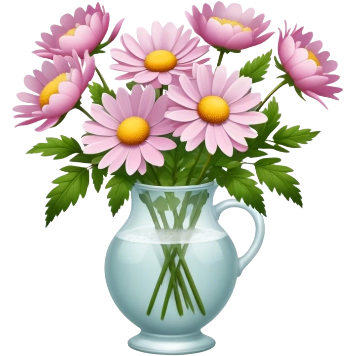 A bouquet of daisies of the color Wild Rose in a glass vase of the color Frosty Peony  emoji