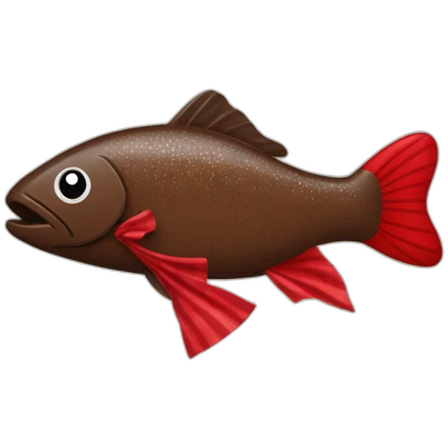 Chocolate brown colored doodle with a red and black flannel hankerchief holding a plush trout fish chew toy emoji
