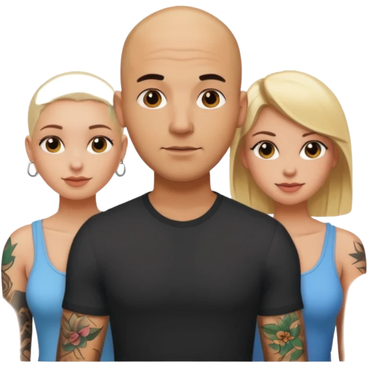 tattooed bbald male with two girlfriends a blonde and a brunette haired boob female   emoji