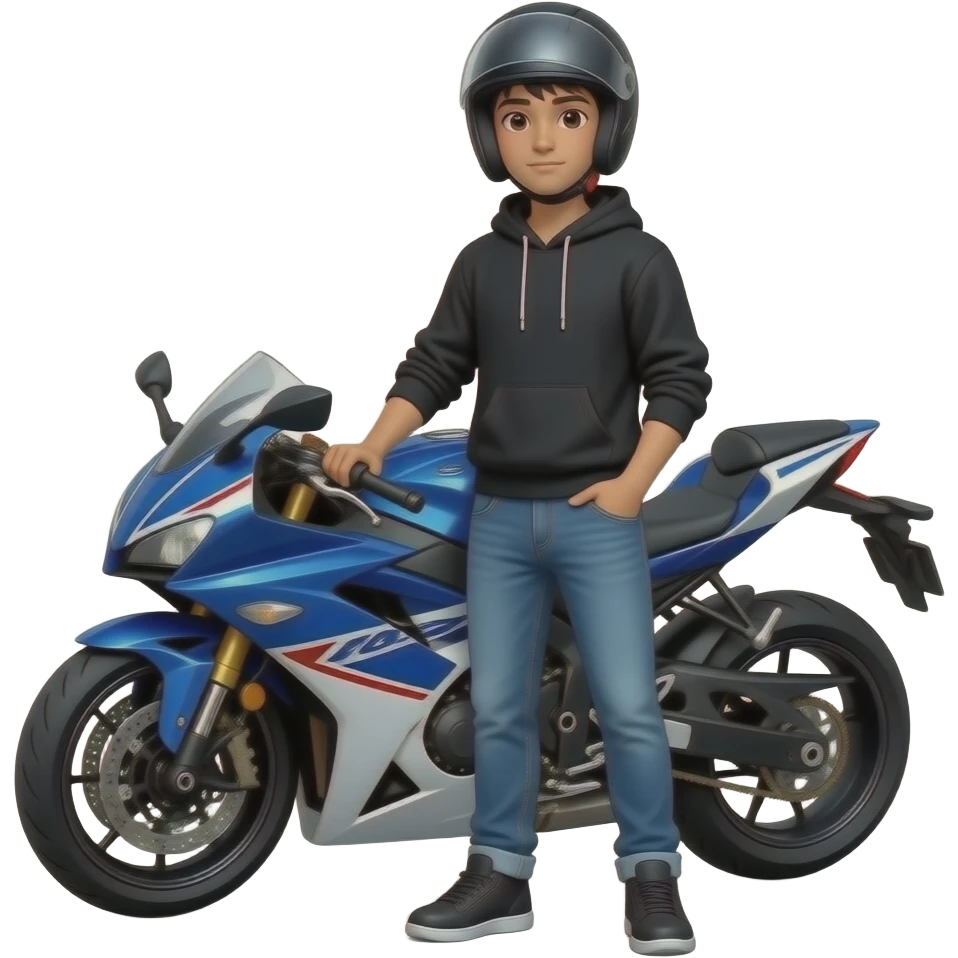 young man with blue jeans and a black hoodie wearing a black motorcycle helmet standing behind a blue white motorcycle emoji