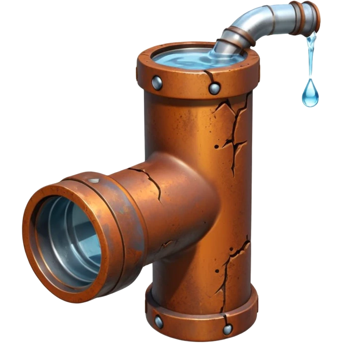 3D render of a cracked pipe with water dripping from it, Pixar-style, clean and realistic, soft reflections, isolated on white background, professional and colorful

 emoji