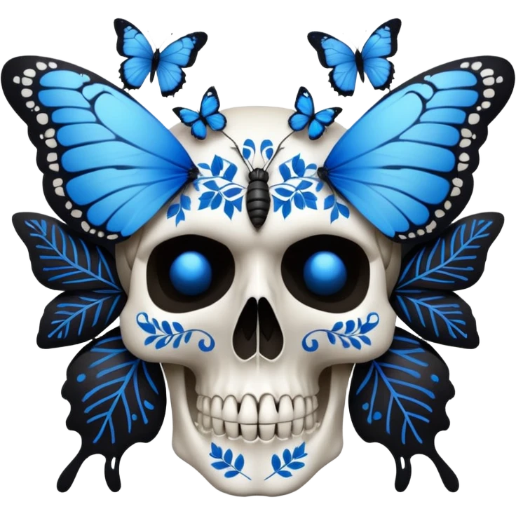 White skull with blue butterflies, leaves, and black intricate patterns emoji