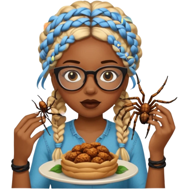 black girl with blond boho braids and clear glasses eating a spider  emoji