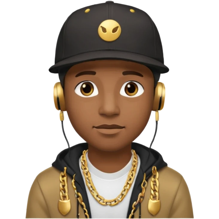 black guy with golden chains earbuds and a snapback cap emoji