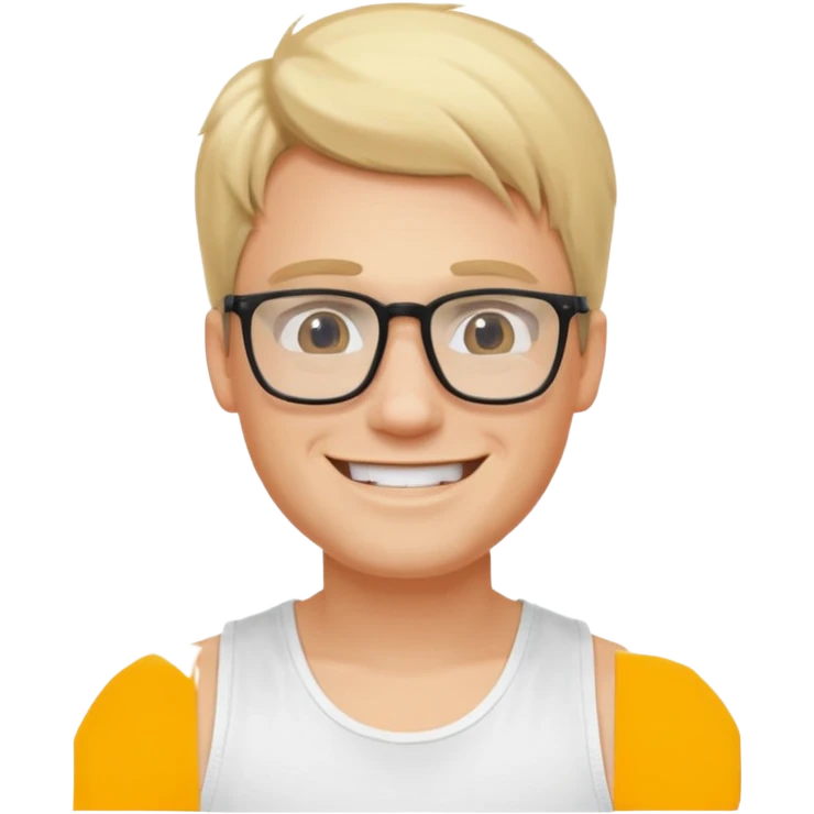 portrait of man, wearing a tank top, square glasses, grinning face, blond hair emoji