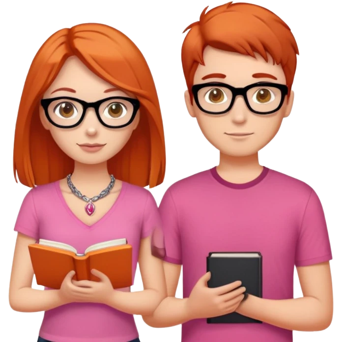 brunette girl with hazel eyes drinking latt, hair just below shoulder length and wearing a pink shirt, also with a necklace. Put her with her boyfriend who has orange/red hair, black glasses, and is taller than her. He needs a book in his hand  emoji