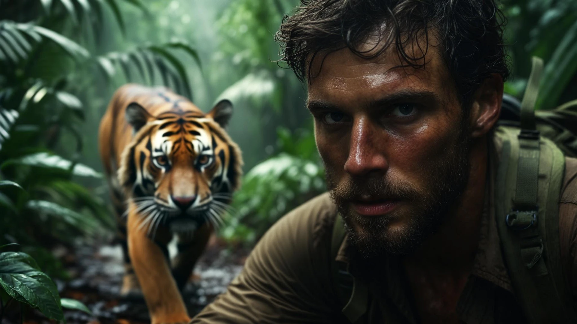 cinematic still, documentary photography, amazon jungle, well lit scene, man is exploring the jungle, close up, front shot, rule of thirds, tiger in background sneaking trying to jump on man emoji