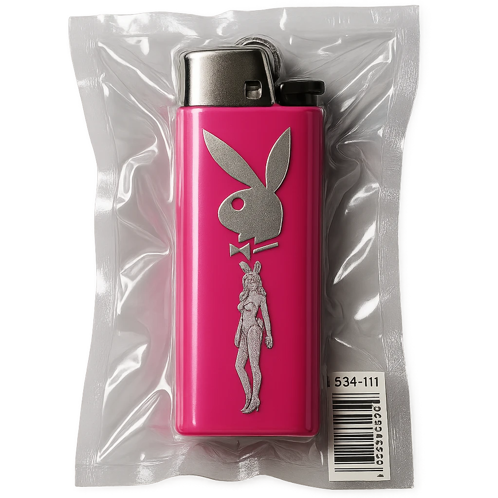 pink BIC lighter, shiny and inflated, with a silver Playboy Bunny logo and a model in a white bunny suit emoji