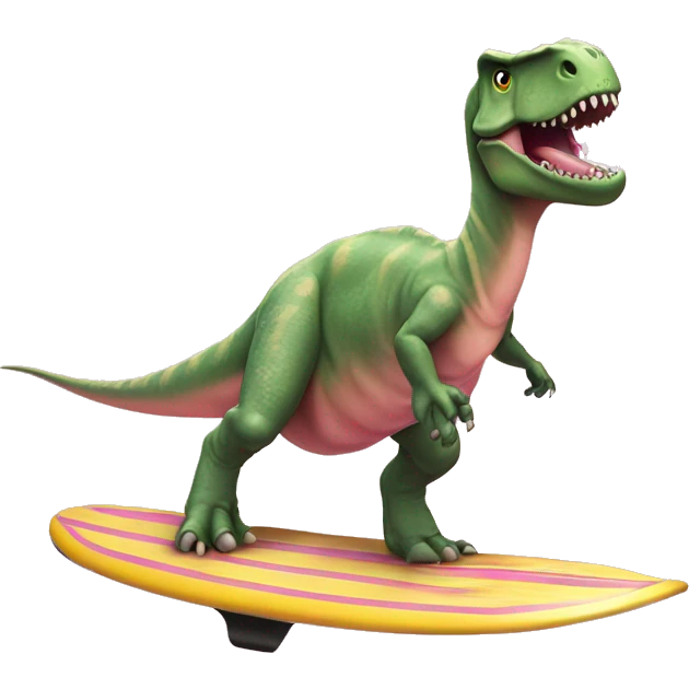 Dinosaurio con tutu rosa en una tabla dé surf emoji