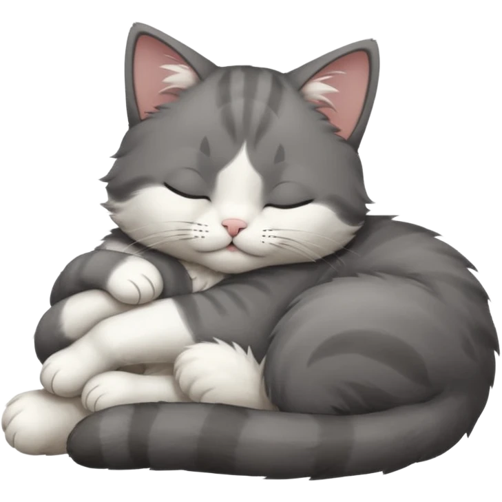 dark grey and white small cat with closed eyes, leaning his head on his paw while leaning on his elbow lying down emoji