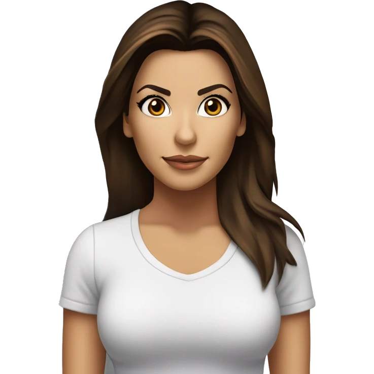 3/4 face, contrasted, shadow, light, Eva Longoria expression, standing from a distance, thin nose, brunette woman, hazel eyes, long eyelashes, dark shoulder shaded hair, white t-shirt, jeans, white sneakers emoji