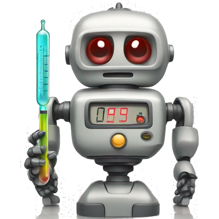 A sick retro robot with a thermometer in its mouth emoji