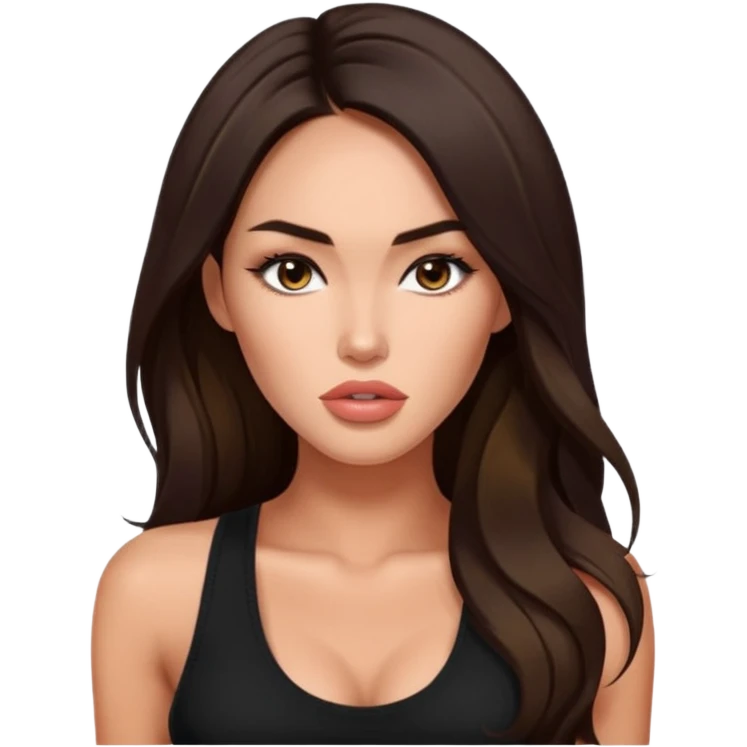 Megan fox, fashion model Beautiful woman model adult   large breasts  with monolid narrow eyes tan  skin, full lips  long hair model black tank top blushing  emoji